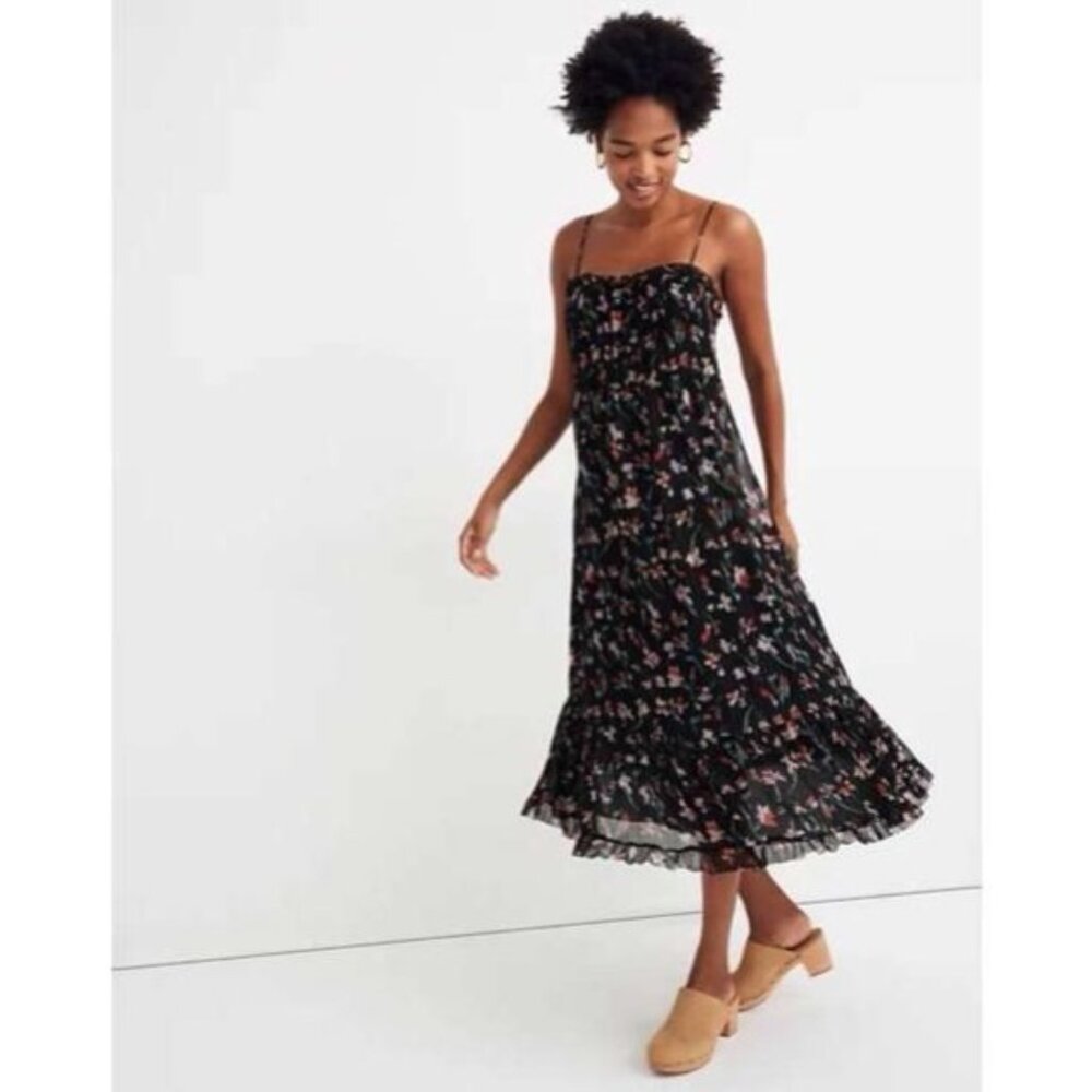 Madewell Black Floral Ruffle-Hem Midi Dress